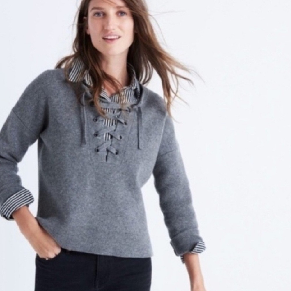 Madewell Gray Lace-Up Sweater